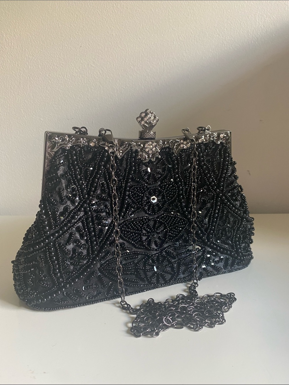 Elegant Black Beaded Evening Clutch with Chain Strap